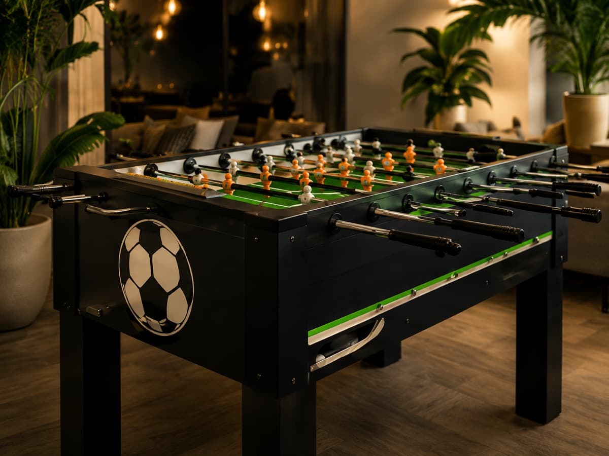 Zwarte voetbaltafel met groen speelveld